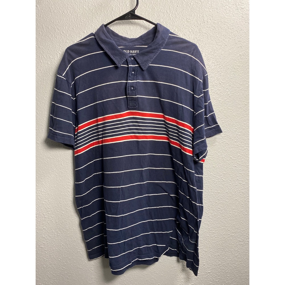 Old Navy Mens XXL Polo Shirt Navy Blue White Red Striped Short Sleeve Cotton Ble